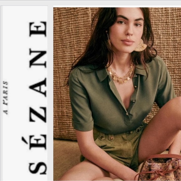 Sezane Tops - Sezane Joshua 100% Silk Short Sleeve Button collared Shirt in Khaki 36 / 4